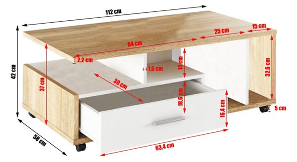Masuta de cafea DECHEN cu sertar, stejar/alb, 112x42x58 cm