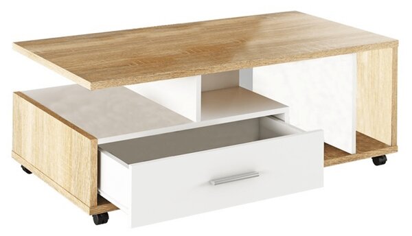 Masuta de cafea DECHEN cu sertar, stejar/alb, 112x42x58 cm
