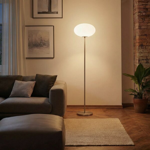 Lindby lampadar Sonika, 175 cm, culoare nichel, sticlă, E27, Metalic, Camera de zi / sufragerie, Metal