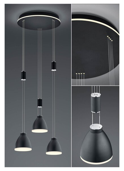 HELL Lampă suspendată LED Leni 3 becuri, rotundă, negru, reglabil, Negru, Camera de zi / sufragerie, Metal, Modern