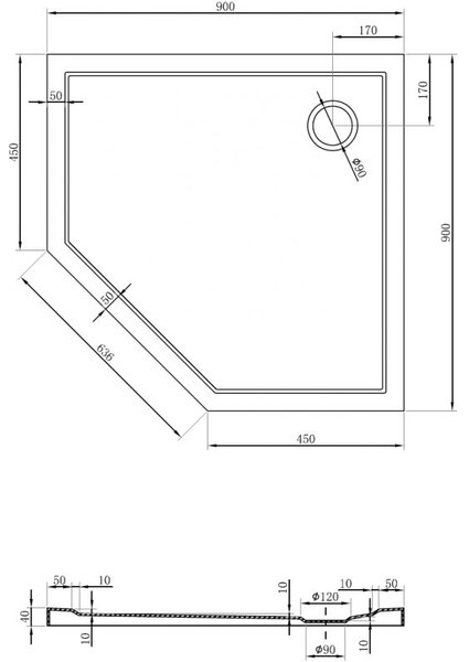 Mexen Flow cadă de duș pentagonală slim 90 x 90 cm, alb lucios - 46P109090