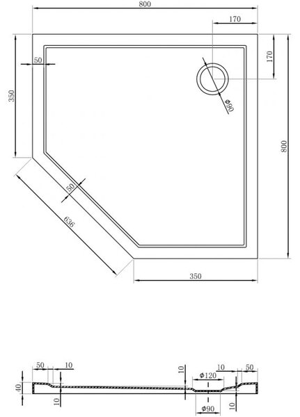 Mexen Flow cadă de duș pentagonală slim 80 x 80 cm, alb lucios - 46P108080