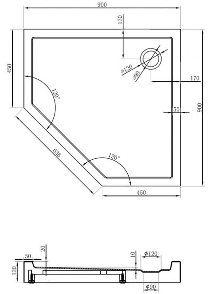 Mexen Flow+ cadă de duș pentagonală 90 x 90 cm, alb lucios - 46P109090H