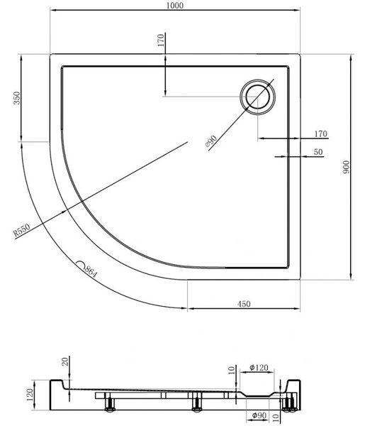 Mexen Flow+, cădiță de duș asimetrică, cu un sfert de cerc, dreapta, 100 x 90 cm, negru mat, 46Q709010RH