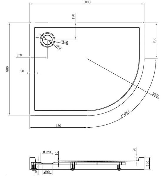 Mexen Flow+ cadă de duș semicirculară asimetrică stânga 100 x 80 cm, negru mat - 46Q708010LH