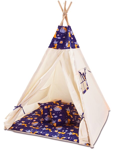 Cort copii stil indian Teepee Tent Kidizi Felix the Fox, include covoras gros si 2 perne, stabilizator cadou