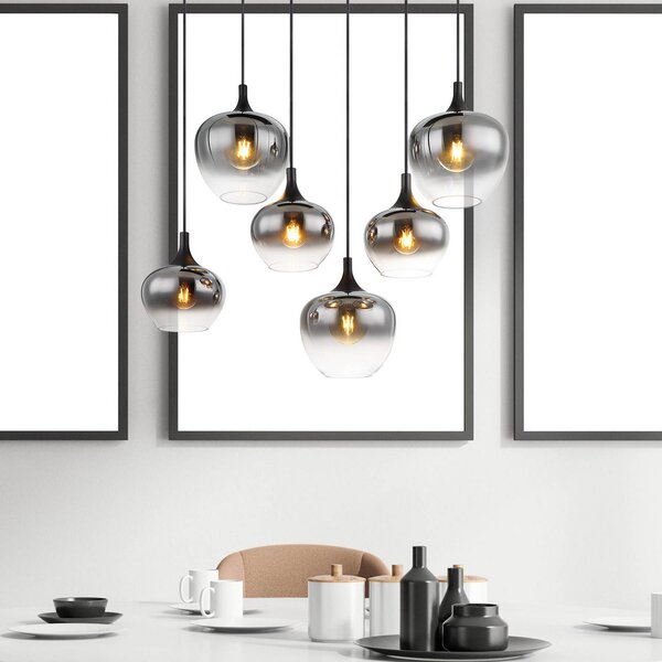 Globo Lampă suspendată Maxy, lungime 86 cm, gri fum, sticlă, 6 becuri., reglabil, Gri, Camera de zi / sufragerie, Sticlă