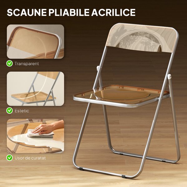 HOMCOM Set de 4 Scaune Pliabile din Acril, Scaune Pliabile Economisitoare de Spațiu din Oțel, Scaun Pliabil pentru Interior pentru Casă, Birou, Petreceri și Evenimente, 47x48x75 cm, Portocaliu | Aosom Romania