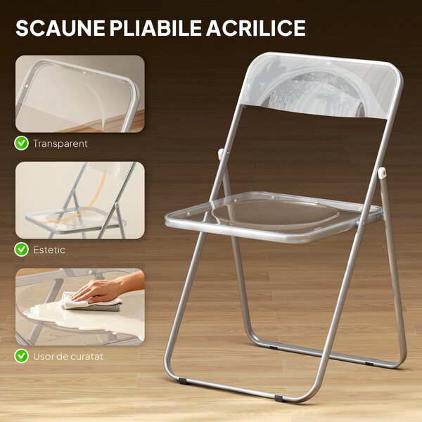 HOMCOM Set de 4 Scaune Pliabile din Acrilic, Scaune Pliabile Salvaspațiu din Oțel, Scaun Pliabil de Interior pentru Casă, Birou, Petrecere și Evenimente, 47x48x75 cm, Transparent | Aosom Romania
