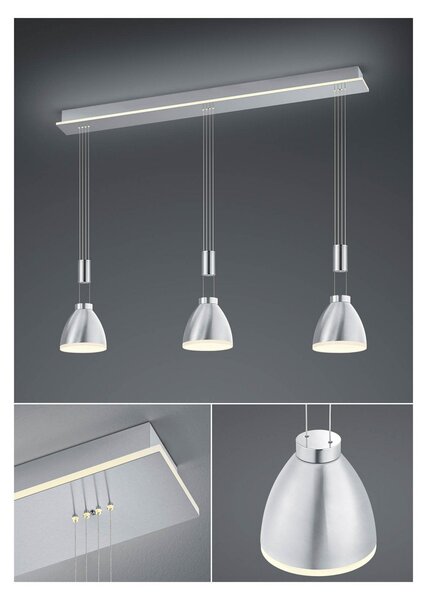 HELL Lampă suspendată LED Leni, 3 becuri, nichel mat, reglabil, Gri, Camera de zi / sufragerie, Metal, Modern