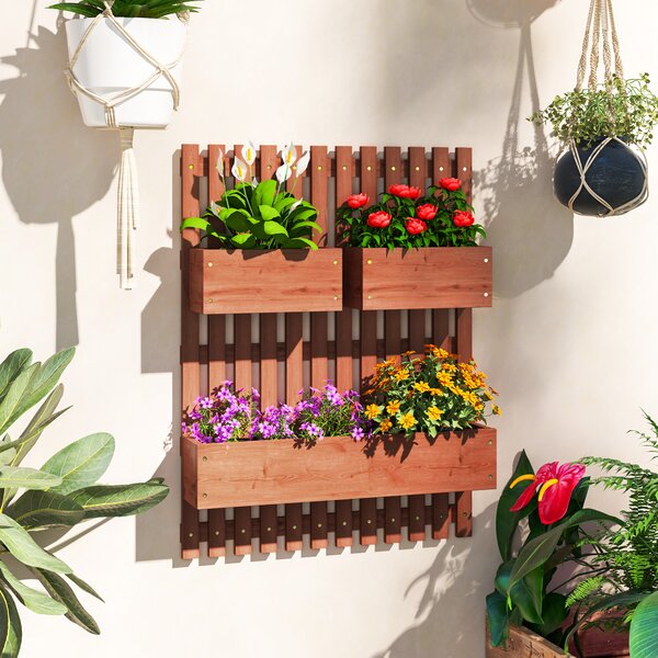 Outsunny Jardinieră Verticală cu Șipci și 3 Vase Detașabile, în Lemn de Brad, 60x16x80 cm, Maro | Aosom Romania