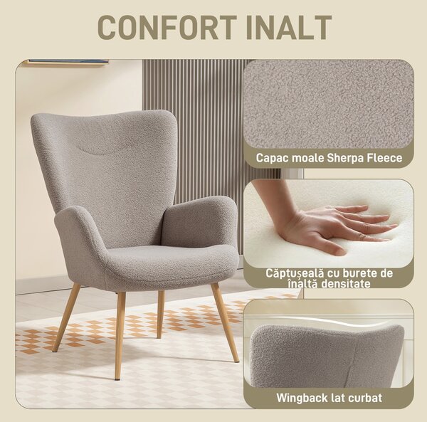 Fotoliu Modern Imbottito de Sufragerie HOMCOM, Fotoliu de Dormitor în Țesătură Sherpa cu Spătar Înalt și Brațe, Fotoliu Relax cu Cadru din Oțel pentru Sufragerie, Gri Deschis | Aosom Romania