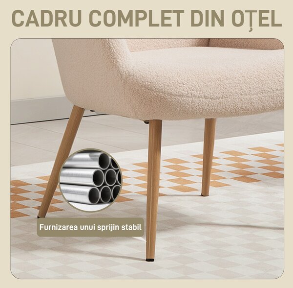 HOMCOM Fotoliu Modern Imbottito pentru Sufragerie, Fotoliu pentru Dormitor din Țesătură Sherpa cu Spătar Înalt și Brațe, Fotoliu Relax cu Cadru din Oțel pentru Sufragerie, Bej | Aosom Romania