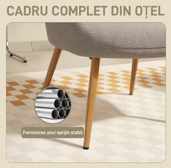 Fotoliu Modern Imbottito de Sufragerie HOMCOM, Fotoliu de Dormitor în Țesătură Sherpa cu Spătar Înalt și Brațe, Fotoliu Relax cu Cadru din Oțel pentru Sufragerie, Gri Deschis | Aosom Romania