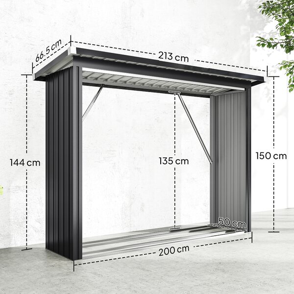 Outsunny Adăpost pentru Lemne din Oțel Exterior, Bază Ridicată și Acoperiș Înclinat, 213x66.5x150 cm, Gri Închis | Aosom Romania