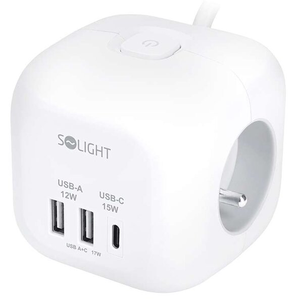 Prelungitor 3 prize + USB – cub, 2m, întrerupător, 3x1,0, alb