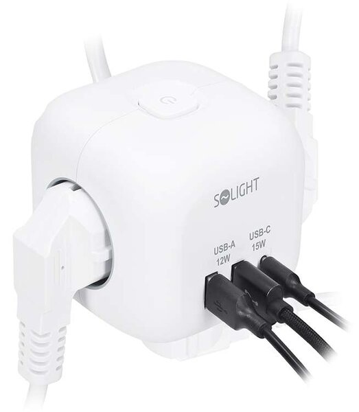 Prelungitor 3 prize + USB – cub, 2m, întrerupător, 3x1,0, alb