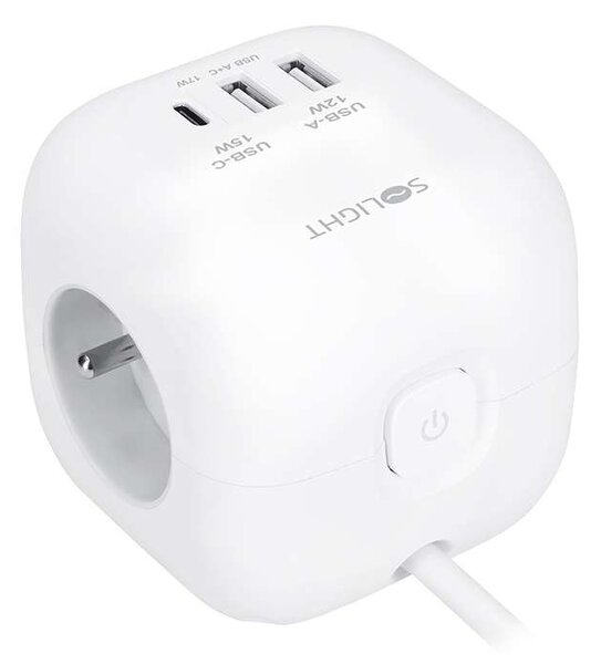 Prelungitor 3 prize + USB – cub, 2m, întrerupător, 3x1,0, alb