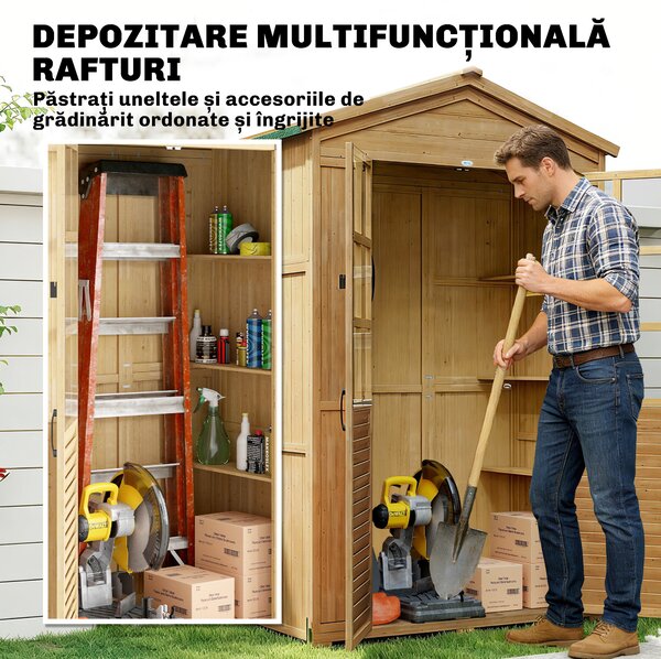 Outsunny Dulap de Grădină din Lemn de Brad cu Rafturi și Ferestre din Acril, Căsuță Depozitare Unelte Exterioare cu Acoperiș Asfaltat, Uși Blocabile, 128x57.5x197 cm, Maro Deschis | Aosom Romania