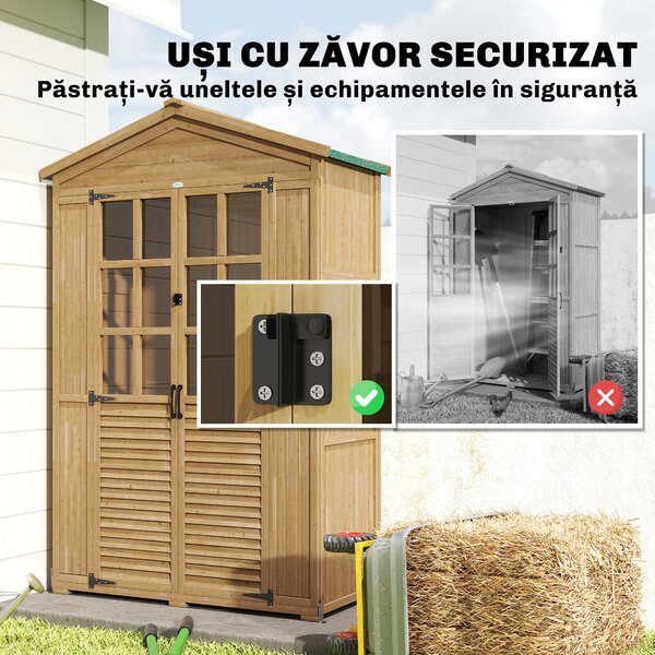 Outsunny Dulap de Grădină din Lemn de Brad cu Rafturi și Ferestre din Acril, Căsuță Depozitare Unelte Exterioare cu Acoperiș Asfaltat, Uși Blocabile, 128x57.5x197 cm, Maro Deschis | Aosom Romania