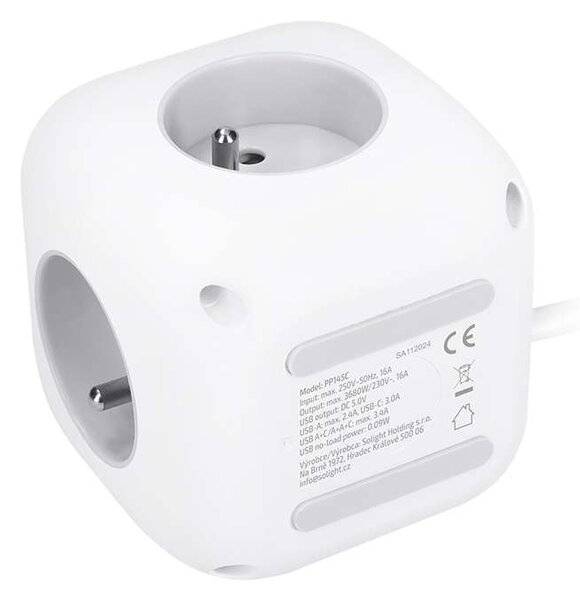 Prelungitor 3 prize + USB – cub, 2m, întrerupător, 3x1,0, alb
