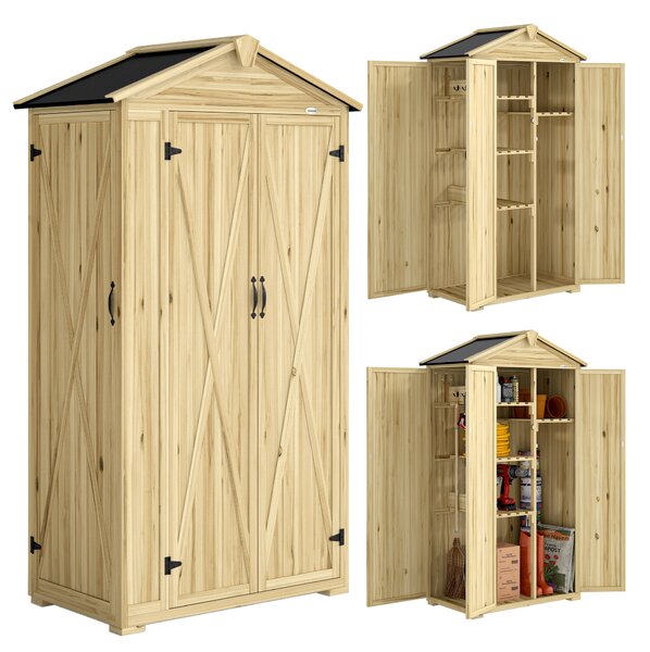 Outsunny Dulap de Grădină Căsuță pentru Unelte cu 3 Uși 93x53x168 cm Lemn Natural | Aosom Romania