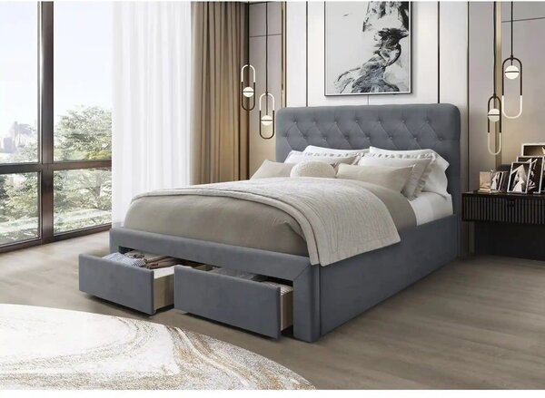 Pat 160x200 cu sertar MARISOL, stofa catifelata gri, cu somiera