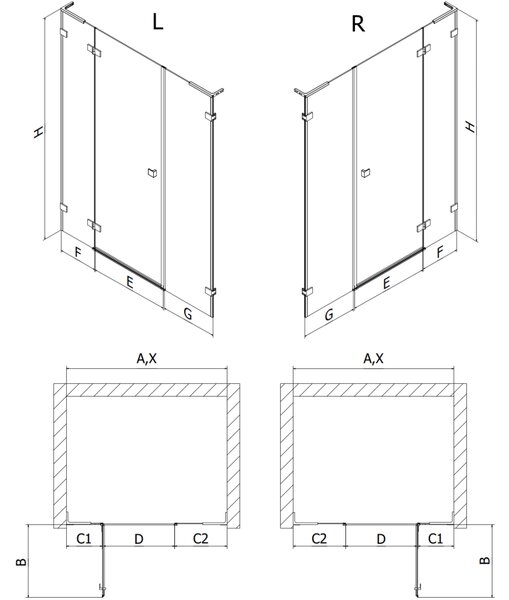 Mexen Lunar L, ușă de duș cu balamale pe stânga 130 cm, sticlă transparentă, profil negru, 834SL-130-050-70-00-L