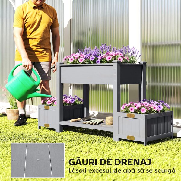 Outsunny Strat Înălțat pentru Grădină, Jardinieră cu Raft, 149x46x76cm, Gri | Aosom Romania
