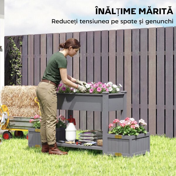 Outsunny Strat Înălțat pentru Grădină, Jardinieră cu Raft, 149x46x76cm, Gri | Aosom Romania