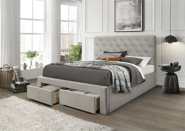 Pat 160x200 cu sertar MARISOL, stofa catifelata bej, cu somiera