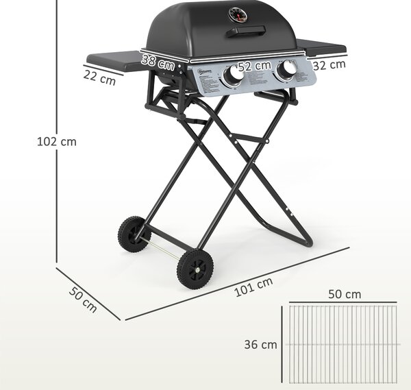 Outsunny Barbecue pe Gaz 2 Arzătoare, 2 Rafturi, Capac și Termometru Negru | Aosom Romania