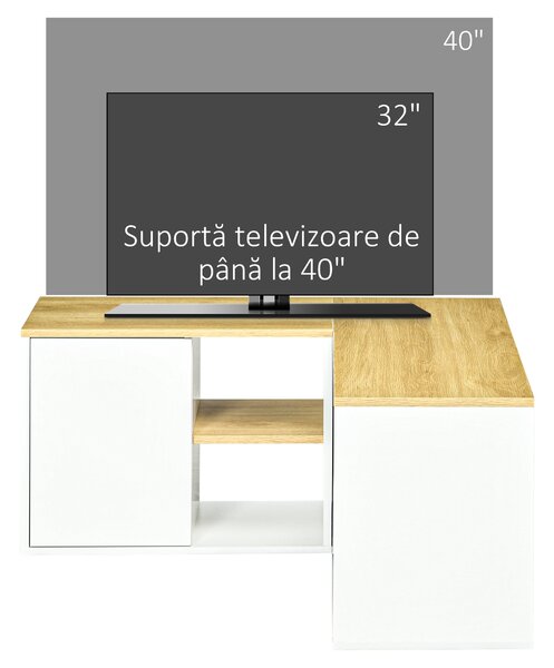 Dulap TV în formă de L pentru televizor de 40" cu 3 rafturi deschise și 2 dulapuri, din PAL, 90x90x45 cm, stejar și alb HOMCOM | Aosom RO