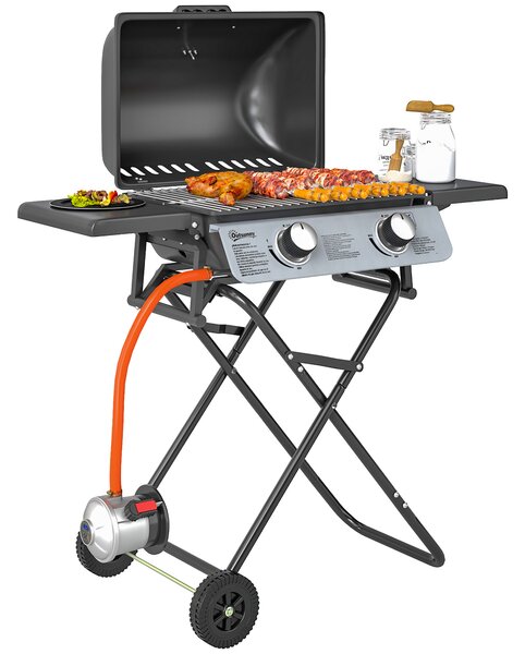 Outsunny Barbecue pe Gaz 2 Arzătoare, 2 Rafturi, Capac și Termometru Negru | Aosom Romania