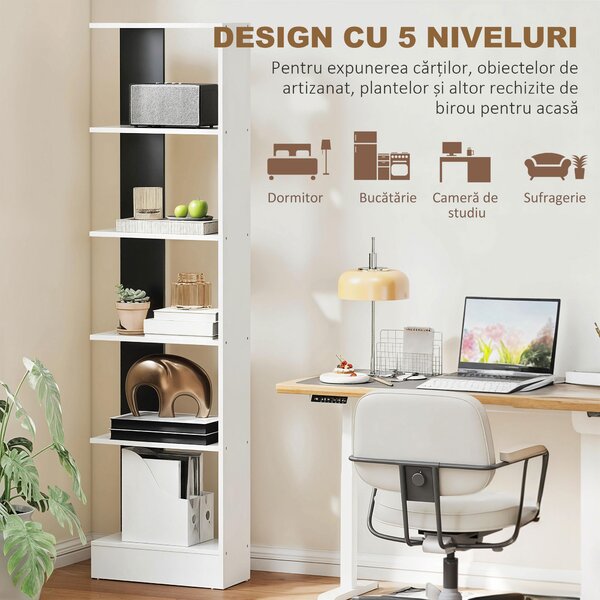 HOMCOM Raft Îngust cu 5 Etajere, Raft Economisitor de Spațiu Modern din Lemn, Bibliotecă pentru Baie, Living, Dormitor, Birou, 45x21x170 cm, Alb și Negru | Aosom Romania