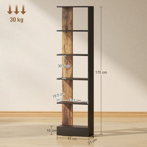 HOMCOM Raft Îngust cu 5 Etajere, Raft Economisitor de Spațiu Modern din Lemn, Bibliotecă pentru Baie, Living, Dormitor, Birou, 45x21x170 cm, Maro Rustic | Aosom Romania