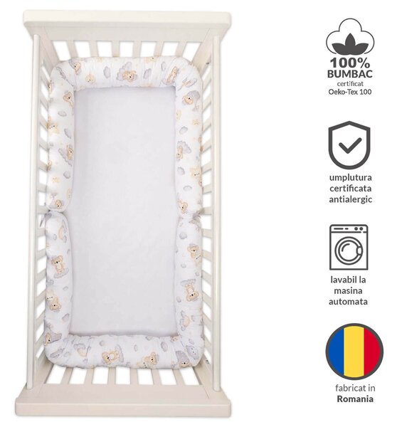 Set 2 aparatori laterale multifunctionale tip rulou pentru patut 120x60 cm Kidizi Koala Dreams, husa detasabila, diametru 10 cm