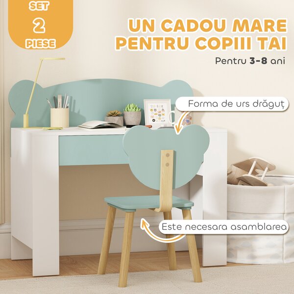 AIYAPLAY Set Birou cu Sertar și Scaun Ursuleț pentru Copii 3-8 Ani Verde | Aosom Romania