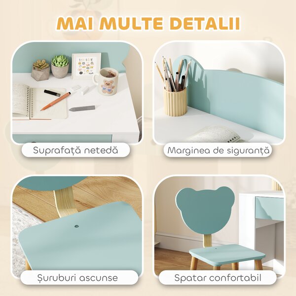 AIYAPLAY Set Birou cu Sertar și Scaun Ursuleț pentru Copii 3-8 Ani Verde | Aosom Romania