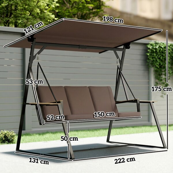 Outsunny Balansoar de Grădină cu 3 Locuri și Acoperiș Reglabil, Balansoar de Exterior din Metal cu Tăvi pentru Băuturi, Perne Imbătute, Capacitate 360kg, pentru Terasă sau Balcon, 222x131x175 cm, Maro | Aosom Romania