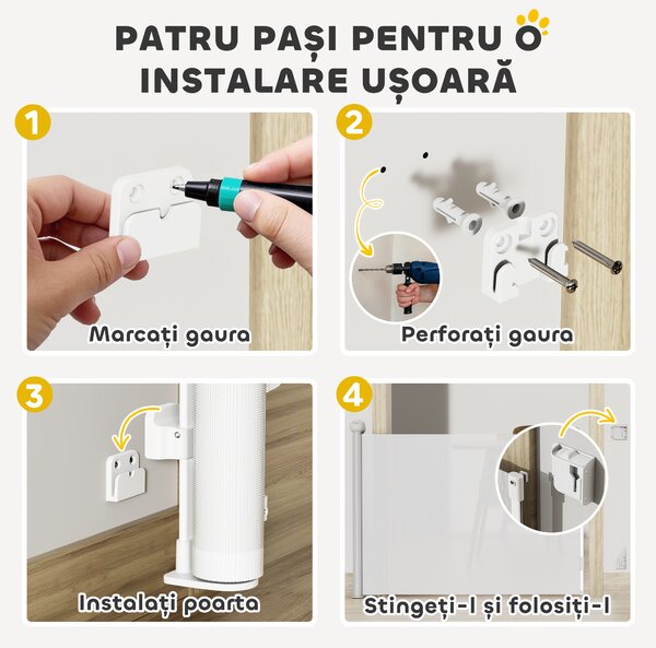 PawHut Gard Extensibil pentru Câini 0-144cm cu Blocare Automată, Alb | Aosom Romania