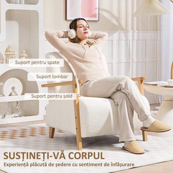 HOMCOM Fotoliu de Living din Material Sherpa și Lemn Stil Nordic, Crem | Aosom Romania