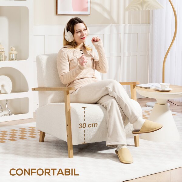 HOMCOM Fotoliu de Living din Material Sherpa și Lemn Stil Nordic, Crem | Aosom Romania