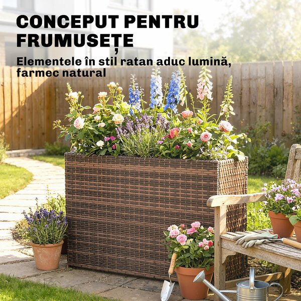 Outsunny Strat Înălțat pentru Grădină 45L din Ratan, cu Orificii de Drenaj și Picioare Reglabile, Maro | Aosom Romania