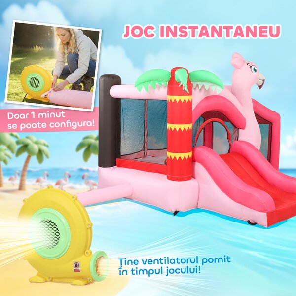 AIYAPLAY Castel Gonflabil pentru Copii 4 în 1, Tobogan, Trambulină, Piscină cu Bile, Coș de Baschet, Mingi de Baschet, Tematică Flamingo, Ventilator, Geantă de Transport, Interior Exterior, 255x230x196cm, Roz | Aosom Romania