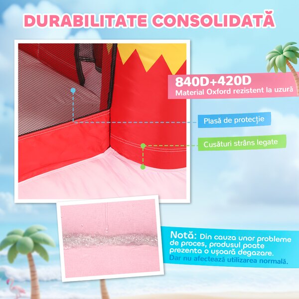 AIYAPLAY Castel Gonflabil pentru Copii 4 în 1, Tobogan, Trambulină, Piscină cu Bile, Coș de Baschet, Mingi de Baschet, Tematică Flamingo, Ventilator, Geantă de Transport, Interior Exterior, 255x230x196cm, Roz | Aosom Romania
