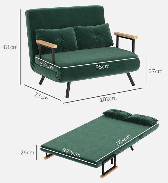 HOMCOM Canapea Pat de 2 Locuri cu Spătar Reglabil pe 5 Nivele, Canapea Pat Pliabilă cu 2 Perne, 102x73x81 cm, Verde | Aosom Romania