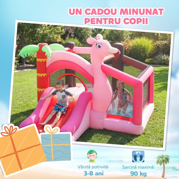 AIYAPLAY Castel Gonflabil pentru Copii 4 în 1, Tobogan, Trambulină, Piscină cu Bile, Coș de Baschet, Mingi de Baschet, Tematică Flamingo, Ventilator, Geantă de Transport, Interior Exterior, 255x230x196cm, Roz | Aosom Romania