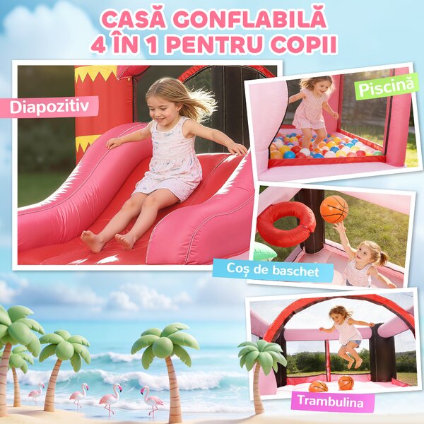 AIYAPLAY Castel Gonflabil pentru Copii 4 în 1, Tobogan, Trambulină, Piscină cu Bile, Coș de Baschet, Mingi de Baschet, Tematică Flamingo, Ventilator, Geantă de Transport, Interior Exterior, 255x230x196cm, Roz | Aosom Romania