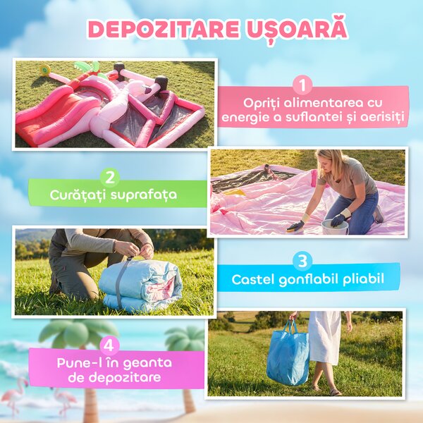 AIYAPLAY Castel Gonflabil pentru Copii 4 în 1, Tobogan, Trambulină, Piscină cu Bile, Coș de Baschet, Mingi de Baschet, Tematică Flamingo, Ventilator, Geantă de Transport, Interior Exterior, 255x230x196cm, Roz | Aosom Romania